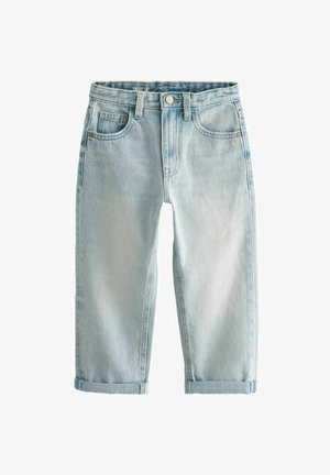 Svjetloplave široke traperice s izblijedjelim završetkom, koje imaju pet džepova, dugme za kopčanje i rubove koji su podvrhnuti za dodatni detalj.