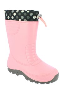 Roze rubberen laars met een gewatteerde zwarte bovenkant, versierd met een wit en grijs stippenpatroon. De textuur van de zool biedt grip voor gebruik buiten.