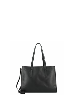 Sac fourre-tout en cuir noir avec deux longues poignées et une bandoulière réglable. Texture lisse, forme rectangulaire, design minimal.