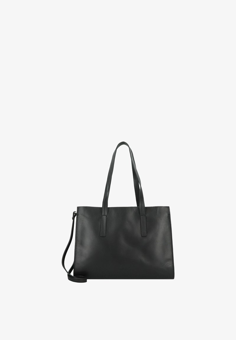 Sac fourre-tout en cuir noir avec deux longues poignées et une bandoulière réglable. Texture lisse, forme rectangulaire, design minimal.
