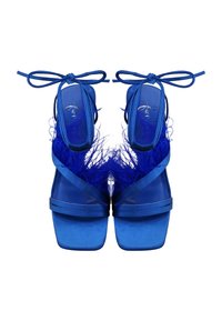 Blauwe sandalen met hakken, voorzien van doorzichtige banden, een verenaccent aan de achterkant en enkelbinders. Heeft een vierkante neus en een gladde textuur.