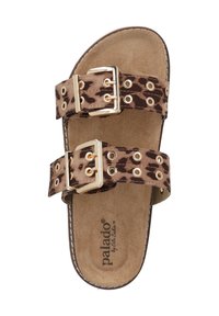 Braune Sandalen mit Leopardenmuster, zwei verstellbaren Riemen, goldenen Schnallen und Ösen sowie einer samtartigen Sohle. Flaches Sohlen-Design.