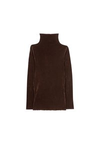 Brown, long-sleeve turtleneck top made from a soft, velvety material with a sleek, minimal design and a high neck.