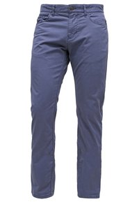 Herrarnas slim fit byxor i marinblå bomull, med knappstängning, bälteshällor och flera fickor. Slät textur med en avslappnad design.