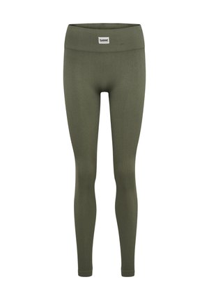 Olijfgroene geribde leggings met een brede tailleband, voorzien van een klein merkje aan de voorkant. Glad gevoel en een aangesloten ontwerp.