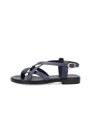 Sandalo piatto blu navy con cinturini incrociati, punta aperta, cinturino alla caviglia con fibbia dorata e suola nera bassa.