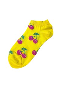 Calzino giallo alla caviglia con un motivo di ciliegie rosa e gambi verdi. Realizzato in tessuto morbido, presenta una texture liscia e una vestibilità aderente.