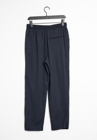 Marineblaue Hose mit elastischem Bund, ausgestattet mit einer einzelnen Gesäßtasche und einem glatten, leichten Stoff. Gerades Bein Design.