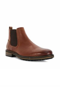 Brown leather Chelsea boot with elastic side panels, a textured upper, and a durable rubber sole featuring a low block heel.