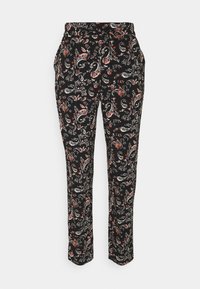 Black pants with a paisley pattern in red, white, and green. Features a relaxed fit, elastic waistband, and side pockets.