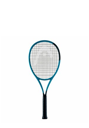 Racchetta da tennis blu con corde nere e impugnatura nera, mostrata verticalmente su sfondo bianco.