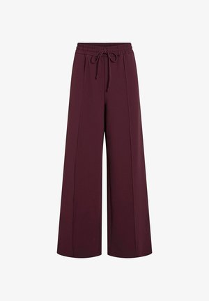 Szerokie spodnie w głębokim burgundowym kolorze, wykonane z miękkiego materiału. Posiadają elastyczny pasek w talii i sznurek do regulacji dopasowania.