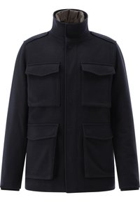 Navy wool-blend coat featuring a high collar, four front pockets, and a zip closure. Smooth texture with double-layered construction.