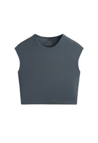 Cropped top in a dark grey color, made from a smooth, stretch fabric. Features a round neckline and cap sleeves with a clean finish.