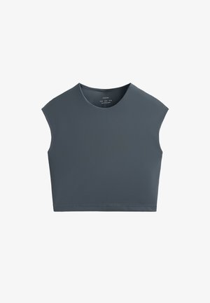 Cropped top in a dark grey color, made from a smooth, stretch fabric. Features a round neckline and cap sleeves with a clean finish.