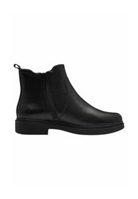 Bottine en cuir noir à cheville avec fermeture éclair latérale, languette de traction en boucle au talon, semelle plate et bout arrondi, présentée de profil sur fond blanc.