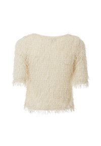 Top bianco a maniche corte con una superficie testurizzata e shaggy, dal taglio morbido e con scollatura arrotondata. Materiale morbido e leggero.