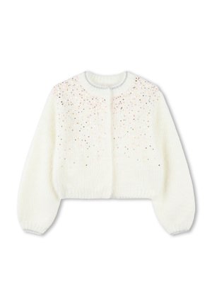 Cárdigan de punto blanco y borroso con mangas largas abullonadas, escote redondo y pequeñas lentejuelas multicolores dispersas en la parte superior delantera.