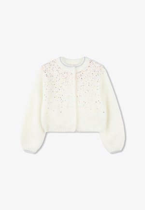 Hvid, blød strikket cardigan med lange ballonærmer, rund halsudskæring og spredte små flerfarvede palietter på den øverste forside.