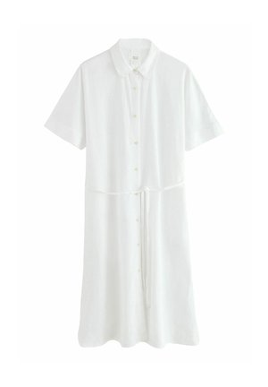White short-sleeve shirt dress with collar, button front, and thin waist tie, hanging against a white background.
