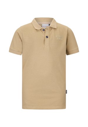 Beżowa koszulka polo z krótkim rękawem, z dwoma ciemnymi guzikami i napisem "Retour Jeans EST 88" na lewej piersi.