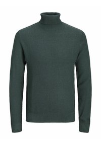 Pull à col roulé tricoté vert foncé avec manches longues et poignets, ourlet et col côtelés.