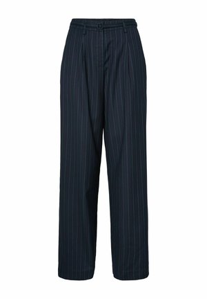 Mörk marinblå kostymbyxor med upphöjd midja och vida ben, med bälteshällor och en spänndetalj framtill.