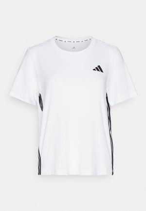 Weiße Kurzarm-T-Shirt aus glattem Stoff, mit einem schwarzen Logo auf der Brust und schwarzen Seitenschäften für Kontrast.