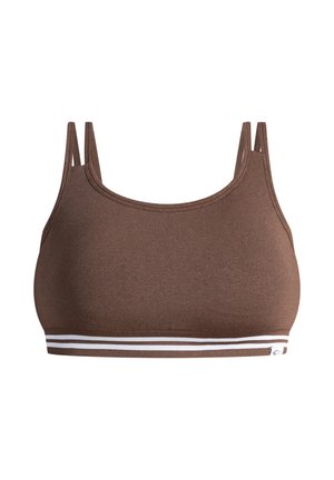 Bruine sportbeha met verstelbare bandjes, een gladde textuur en een wit gestreepte band aan de onderkant. Eenvoudig, gestroomlijnd ontwerp.