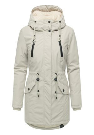 Lys beige isolert parkas med hette, med en fluffy fôr, justerbare snorer, svarte glidelås-lommer og trykknappdetaljer.