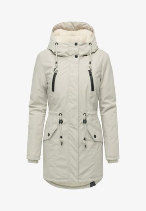 Lichtbeige geïsoleerde parka met een capuchon, voorzien van een fluffy voering, verstelbare trekkoorden, zwarte ritszakken en drukknoopaccenten.