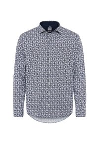 Langärmliges Hemd mit Knopfleiste in Blau und Weiß mit floralem Muster, ausgestattet mit einem dunkelblauen Kragen und einem abgerundeten Saum.