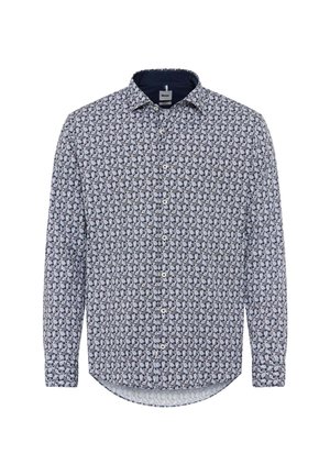 Langarm overhemd in blauw en wit met een bloemenpatroon, voorzien van een donkergblauwe kraag en een afgeronde zoom.