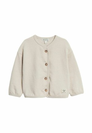 Beige babyvestje met lange mouwen, houten knopen, ronde halslijn en een klein logoplaatje bij de zoom.