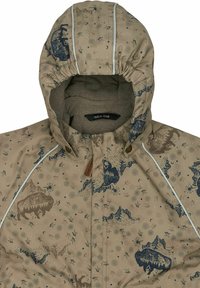 Beige waterproof jacket with blue wildlife patterns and circular designs. Features a hood and contrast stitching. Lined interior. Brand label visible.