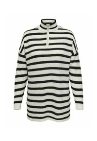 Gestreifter Pullover in Schwarz und Weiß, mit einem hohen Kragen und einem halben Reißverschluss, gerippter Textur und lässiger Passform mit überschnittenen Schultern.