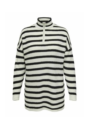 Striped sweater in black and white, featuring a high collar with a half-zip closure, ribbed texture, and relaxed fit with dropped shoulders.