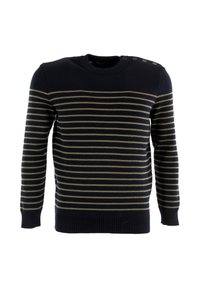 Maglione blu navy con righe orizzontali verde oliva, polsini e orlo a costine, e quattro bottoni decorativi sulla spalla sinistra.