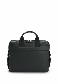 Zwarte lederen laptoptas met een gerimpelde textuur, dubbele handgrepen aan de bovenkant en een afneembare schouderriem. Kenmerkt zich door een prominent logo aan de voorkant.