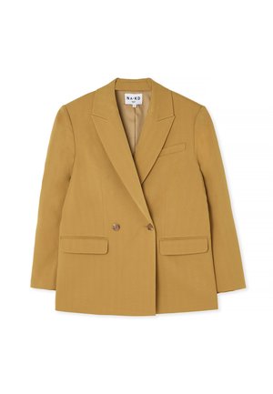 Blazer jaune croisé avec revers à cran, deux poches avant et boutons marron, présentant une silhouette structurée et une texture lisse.