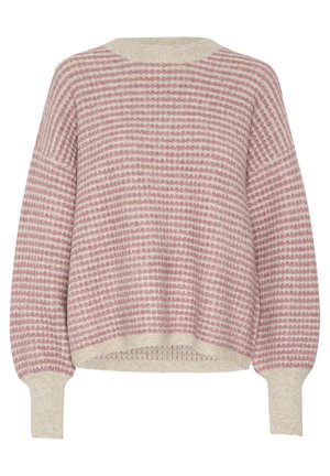 Pull en tricot rose clair et crème, avec un motif rayé texturé, col rond et poignets côtelés. Coupe décontractée avec épaules tombantes.
