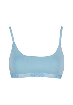 Gaiši zils krūšturis ar regulējamiem plāniem siksniņām, bezšuvju dizainu un maigu tekstūru. Iezīmē kontrastējošu zilu jostu ar logo.