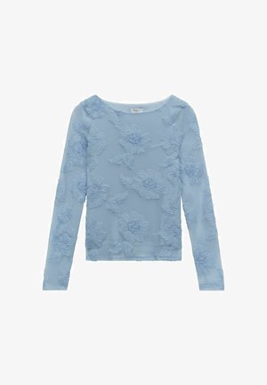 Vaaleansininen pitkähihainen paita, jossa on kukkakirjontaa. Sisältää pyöreän kauluksen ja tekstuuripinnan, jossa on kohotettuja kukka-malleja.