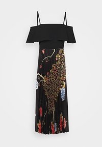 Schulterfreies schwarzes Kleid mit tailliertem Oberteil und plissiertem Rock. Es zeigt farbenfrohe Blumenmuster in Rot, Blau und Gold auf schwarzem Hintergrund.