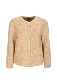 Giacca in pile ricci beige con collo rotondo, bottoni a toggles frontali e maniche lunghe.