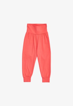 Pantalon taille haute corail rose avec une large ceinture, tissu froncé sous la taille, jambes fuselées et poignets côtelés aux chevilles.