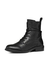 Stivaletto in pelle nera con punta tonda, lacci frontali e texture opache e lucide a contrasto. Suola robusta e dettaglio con linguetta per una facile calzata.