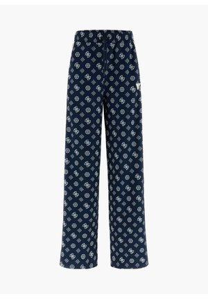 Pantaloni blu navy a motivo con design a gamba larga, fascia elastica in vita e intricati motivi bianchi su tutto il tessuto.