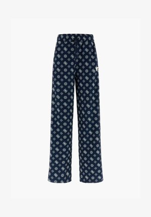 Pantaloni blu navy a motivo con design a gamba larga, fascia elastica in vita e intricati motivi bianchi su tutto il tessuto.