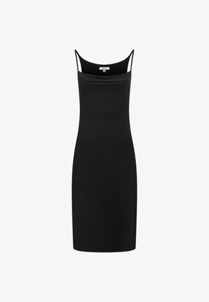 Czarna sukienka bez rękawów o dopasowanej sylwetce, wykonana z gładkiego, elastycznego materiału. Posiada wąskie ramiączka i okrągły dekolt.
